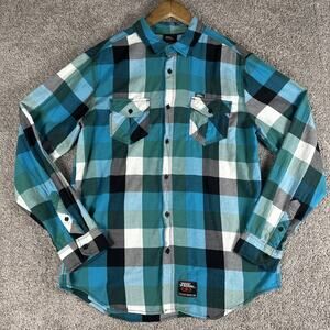 No Fear Shirt Mens L Blue Teal Plaid Long Sleeve Flannel Moto Biker Skater Y2K